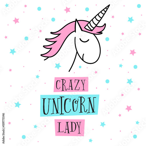 Creative universal card. Simple delicate vector illustration. Wedding, anniversary, birthday, Valentine's day, party. Design template. Crazy Unicorn Lady