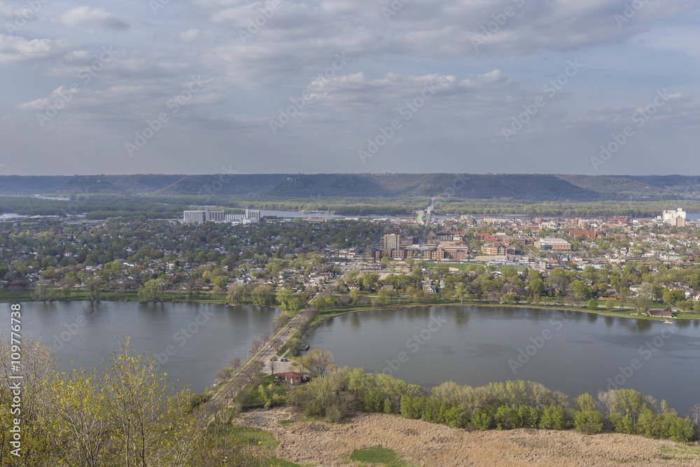 Winona Overlook / A scenic view of a town along the Mississippi River.