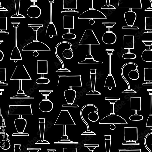 Vector seamless pattern with hand drawn isolated lamps, chandeliers on black color