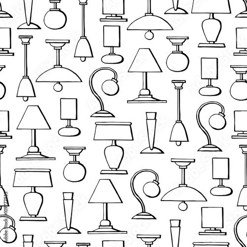 Vector seamless pattern with hand drawn isolated lamps, chandeliers on white color