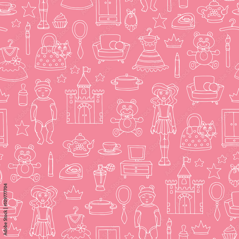 Vector seamless pattern with hand drawn toys for girls on pink color