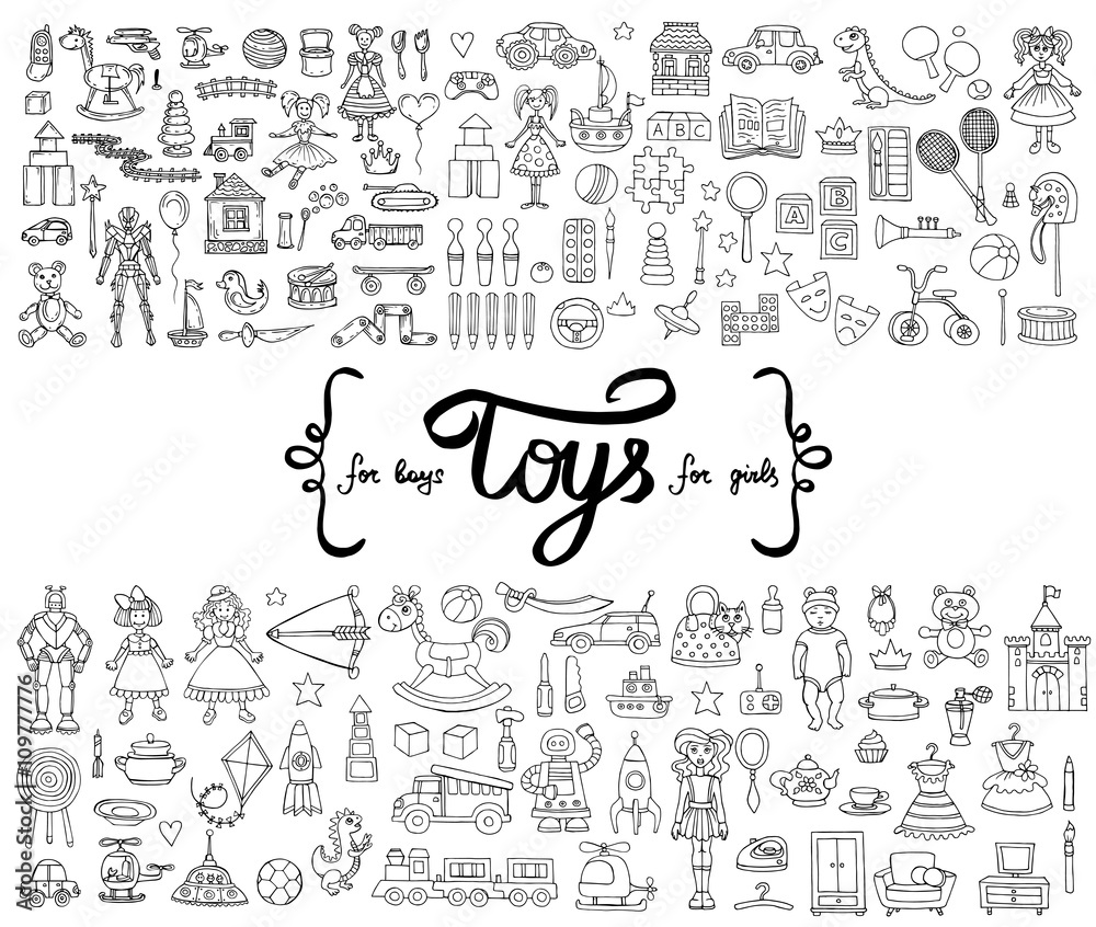Vector set with hand drawn isolated doodles of toys for boys and girls