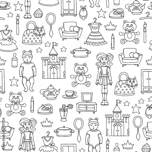 Vector seamless pattern with hand drawn toys for girls on white color