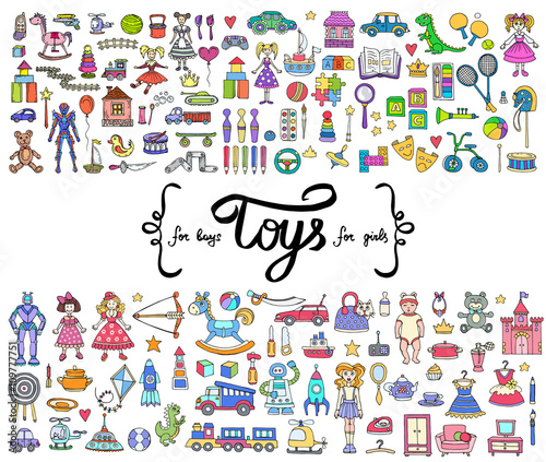Vector set with hand drawn colored doodles of toys for boys and girls