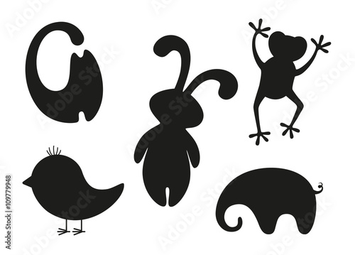 Set of black stylized silhouettes of animals and bird
