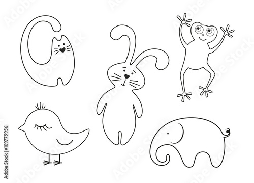 Set of black stylized contours of animals and bird