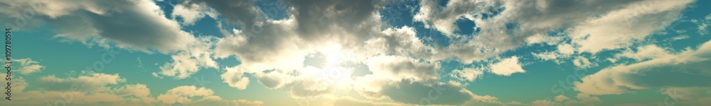 sky panorama, clouds and sun, banner, 3D rendering
