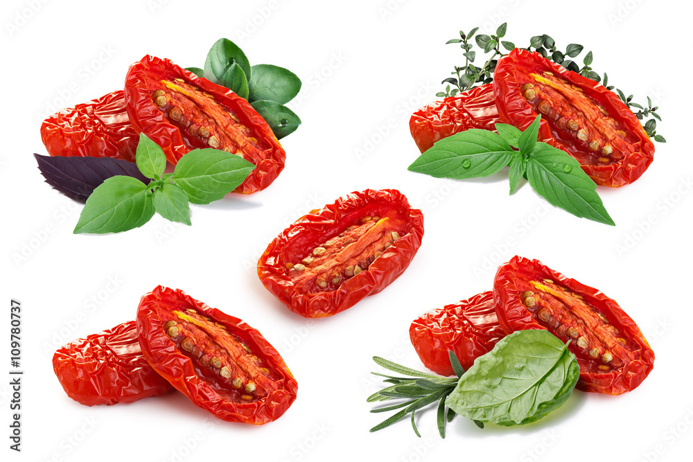 Set of dried tomatoes with herbs - obrazy, fototapety, plakaty 