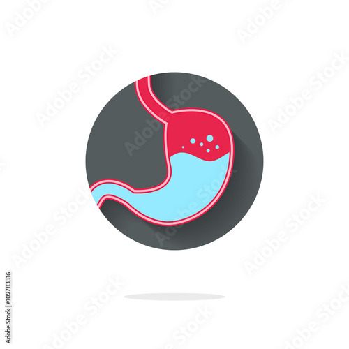Stomach vector icon with liquid acid bubbles inside, cartoon flat style illustration design, sign, symbol isolated on white background and gray circle label with shadow