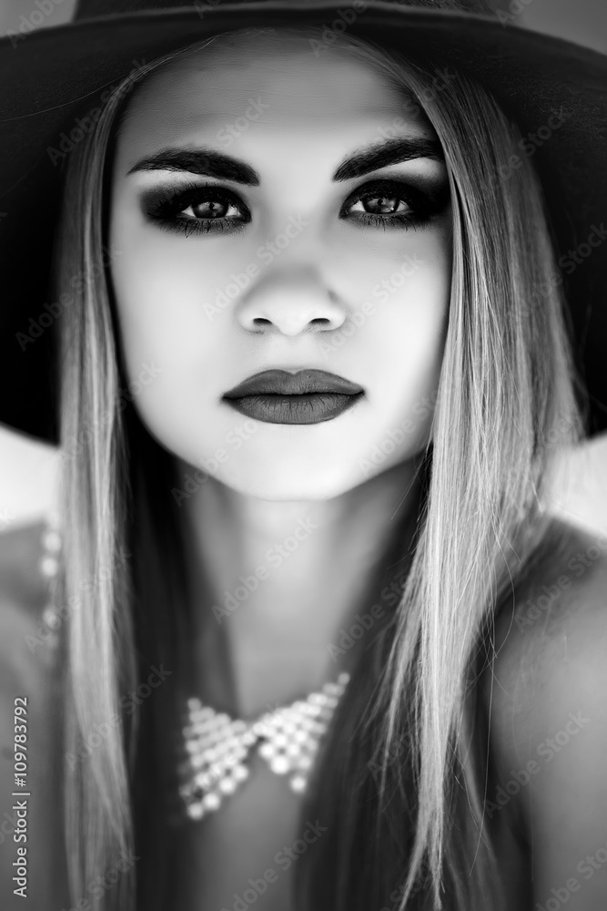 Portrait of stylish woman on hat, bw Portrait of stylish woman on hat, bw