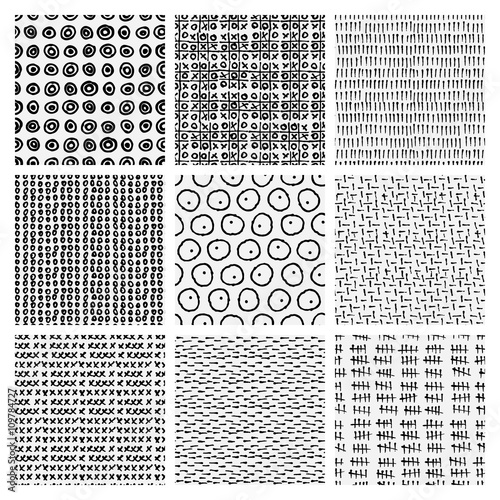 Abstract monochrome seamless pattern set. Hand drawn lines and c