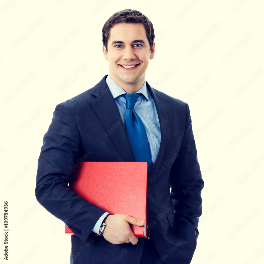 Portrait of happy smiling businessman with red folder Portrait of happy smiling businessman with red folder