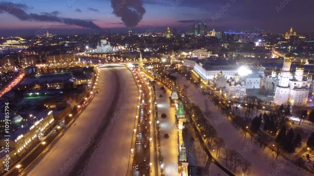 Unique night shot of Moscow Kremlin from above, Beautiful frozen WINTER city cowered in snow and ice, Aerial FPV Drone Flights, UltraHD 4K Unique night shot of Moscow Kremlin from above, Beautiful frozen WINTER city cowered in snow and ice, Aerial FPV Drone Flights, UltraHD 4K