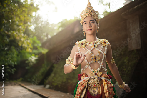Beauty fantasy Thai people and lanna dress in templed