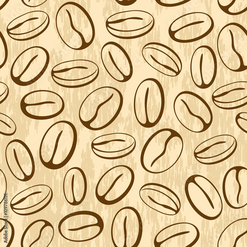 Seamless Pattern, Coffee Beans, Brown Contours Pictogram on Abstract Background. Vector