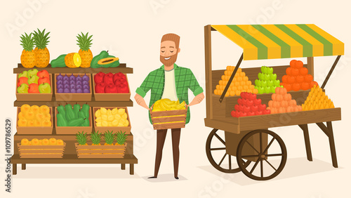 Farmers market. Local farmer shopkeeper. Seller fresh vegetables. Natural product. Food for a healthy lifestyle. Local shop. Vegetarian food. 