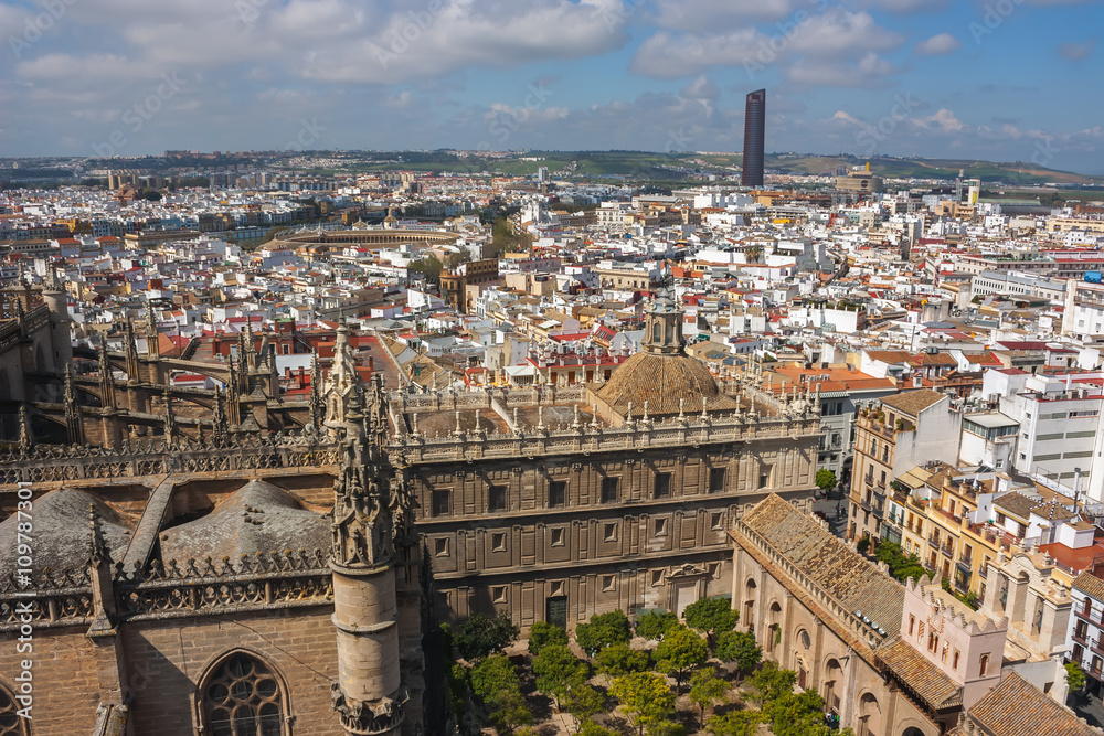 Aerial view of Seville and Cathedral of Seville, Spain