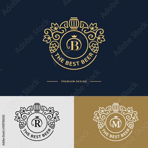 Line graphics monogram. Logo design. Flourishes frame ornament template with barrel , hops and leaves  for logos, labels, emblems for beer house, bar, pub, brewing company, brewery, tavern. Vector