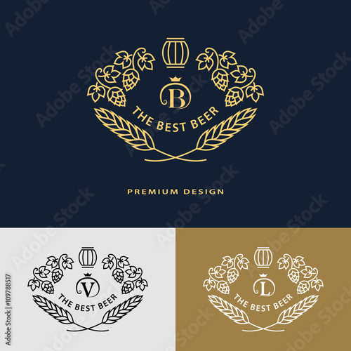 Line graphics monogram. Logo design frame ornament template with barrel, hops, malt, leaves for logos, labels, emblems for beer house, bar, pub, brewing company, brewery, tavern. Vector illustration
