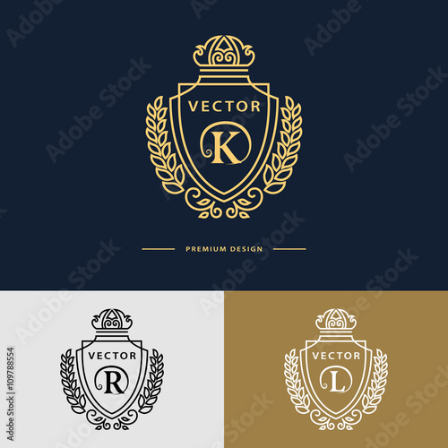 Line graphics monogram. Elegant art logo design. Letter K, R, L. Emblem template. Business sign, identity for Restaurant, Royalty, Boutique, Cafe, Hotel, Heraldic, Jewelry, Fashion. Vector elements