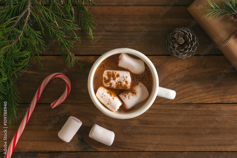 Christmas hot chocolate with marshmallows and xmas ornaments Christmas hot chocolate with marshmallows and xmas ornaments
