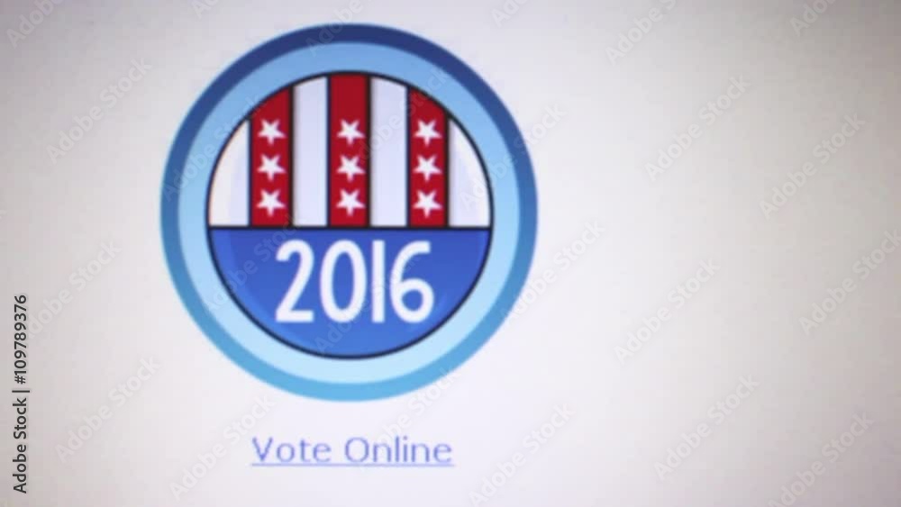 MCU camera dolly left to settle on macro CU of online interactive 2016 voting graphic featuring an American flag style banner with text below saying 'Vote Online'. MCU camera dolly left to settle on macro CU of online interactive 2016 voting graphic featuring an American flag style banner with text below saying 'Vote Online'.