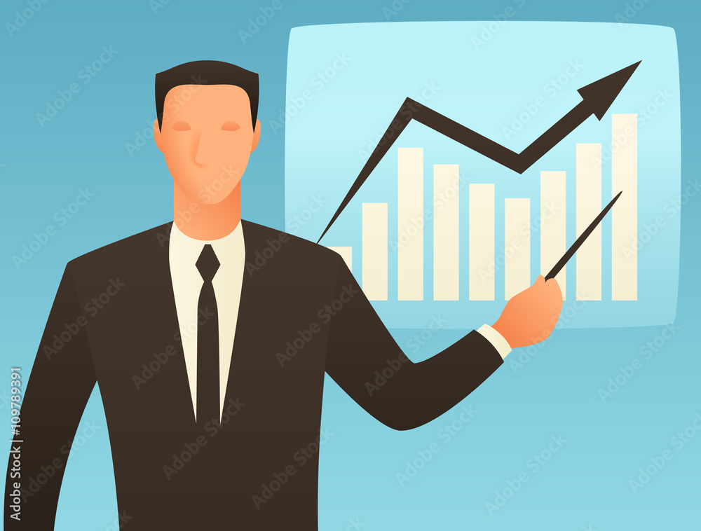 Analysis business conceptual illustration with businessman and growth graph. Image for web sites, articles, magazines Analysis business conceptual illustration with businessman and growth graph. Image for web sites, articles, magazines