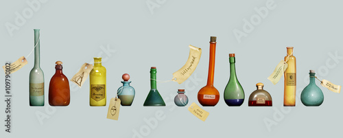 Collection isolated from the background bottles with paper tag