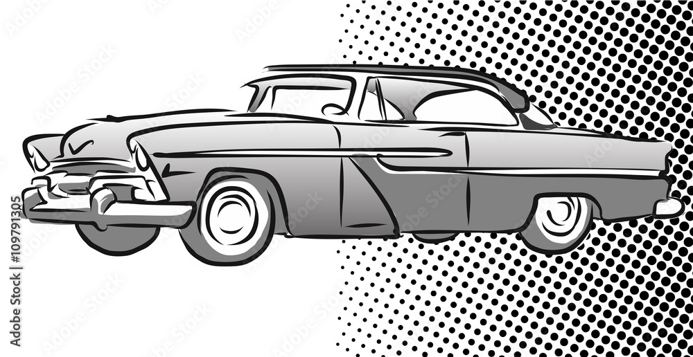 Old American Car Side View, Hand Drawn Sketch