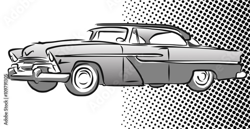 Old American Car Side View, Hand Drawn Sketch
