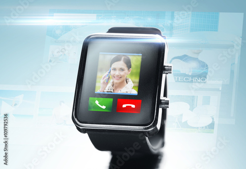 close up of black smart watch with video call icon