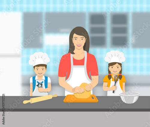 Mother and kids bake together at kitchen. Mom kneads pastry, happy little son and daughter help her. Asian family bake home cookies, pie or cake. Vector flat illustration. Leisure activity background