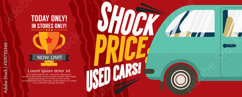 Shock Price Used Cars Sale 6250x2500 pixel Banner Vector Illustration.