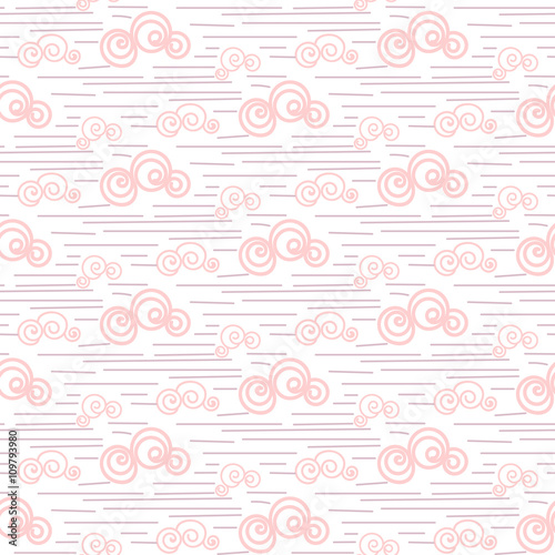 Baby vector seamless pattern. Pastel pink fun windy sky clouds print for text...