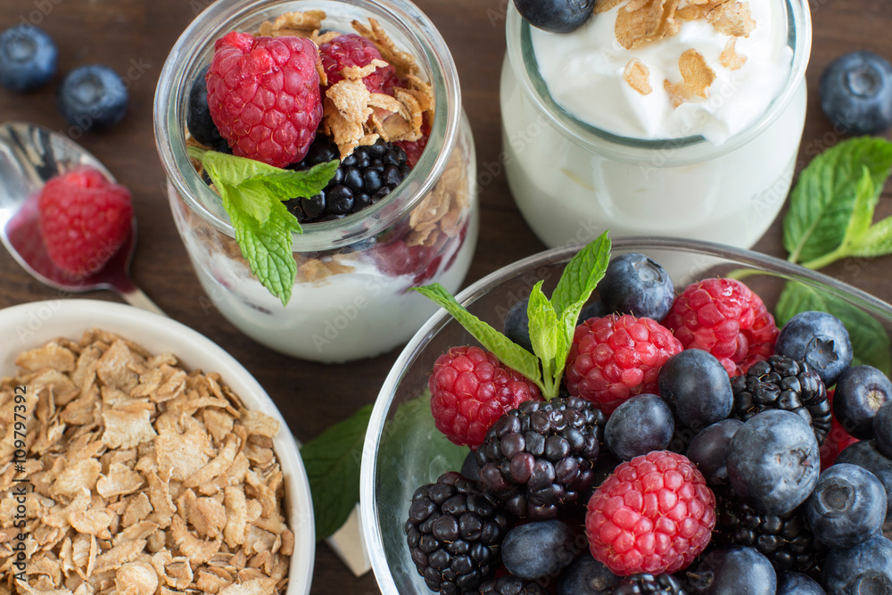 Breakfast with Fresh greek yogurt, muesli and berries Breakfast with Fresh greek yogurt, muesli and berries