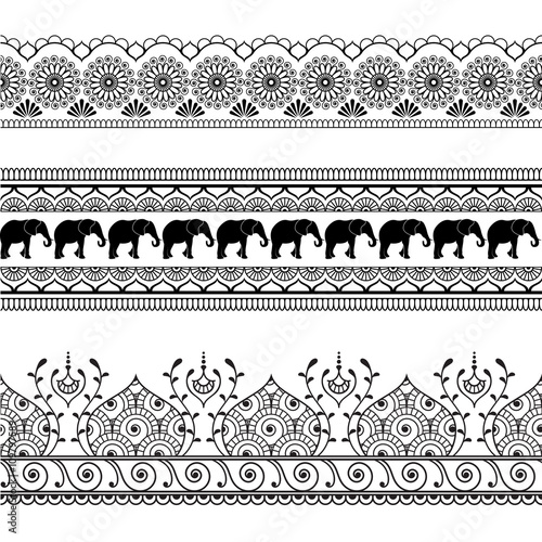 Mehndi henna border seamless pattern element with elephants and flower line lace in Indian style isolated on white background.