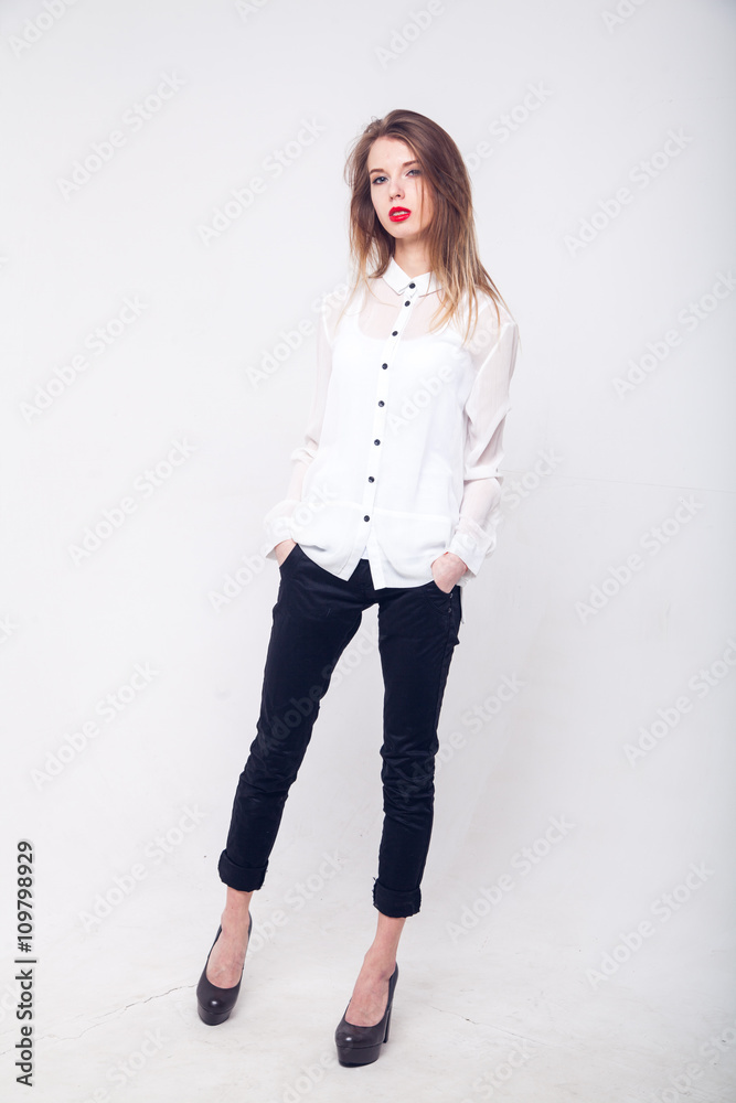 Contemporary Clothing Design. Modish Woman in White Blouse and Pants. Fashion Contemporary Clothing Design. Modish Woman in White Blouse and Pants. Fashion