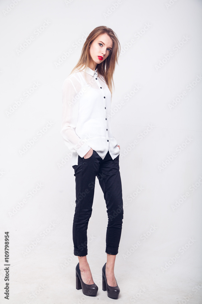 Contemporary Clothing Design. Modish Woman in White Blouse and Pants. Fashion Contemporary Clothing Design. Modish Woman in White Blouse and Pants. Fashion