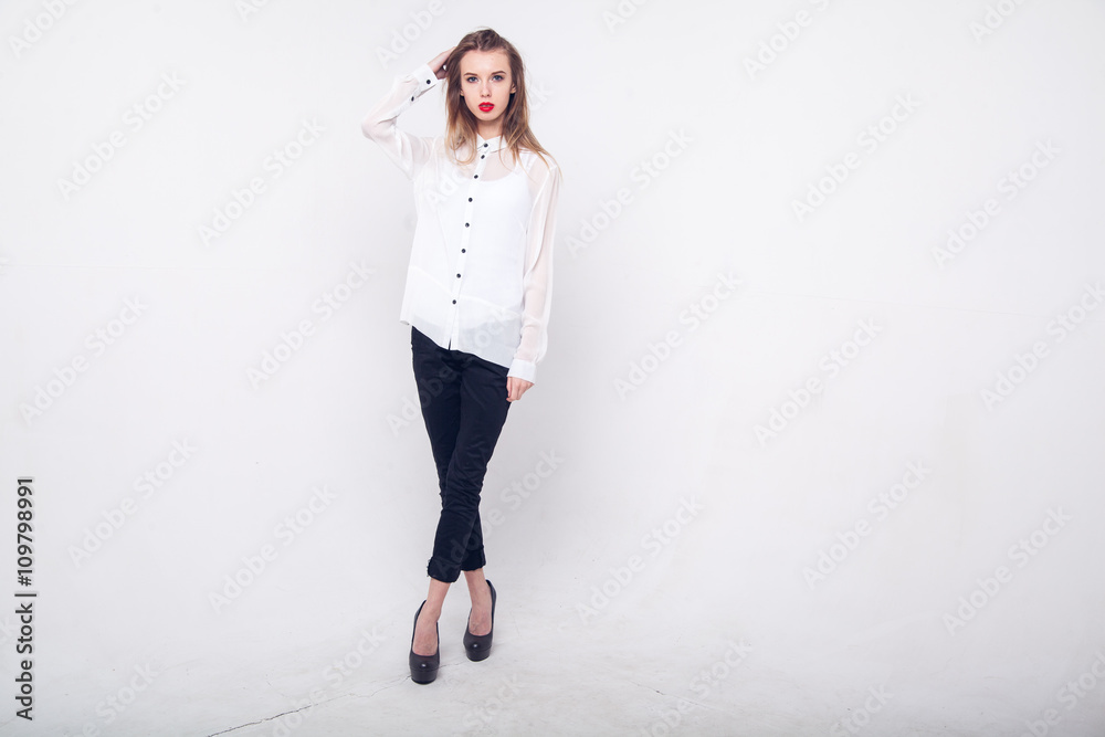 Contemporary Clothing Design. Modish Woman in White Blouse and Pants. Fashion Contemporary Clothing Design. Modish Woman in White Blouse and Pants. Fashion