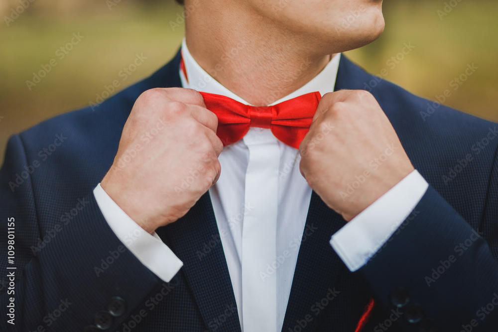 Close up of hands of man correcting red Man wears blue suit, shirt and red bowtie. Groom or graduate. Formal clothes. Stock Photo | Adobe Stock