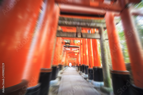 Red Tori Gate at Fushimi Inari Shrine in Kyoto, Japan, selective