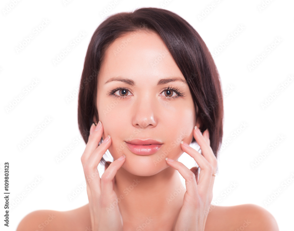 Slim young woman with nude make up skin care