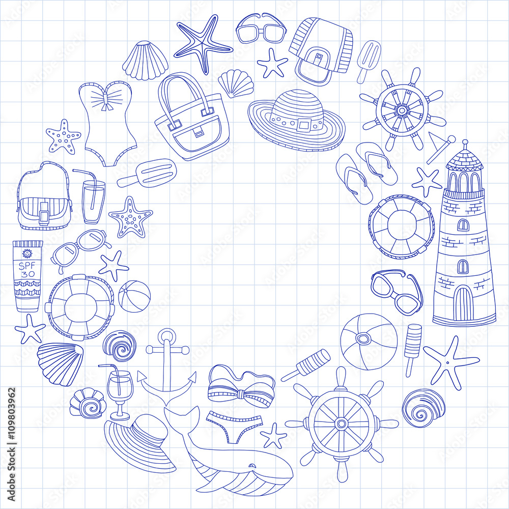 Fototapeta premium Big set with doodle images about beach fashion and travel