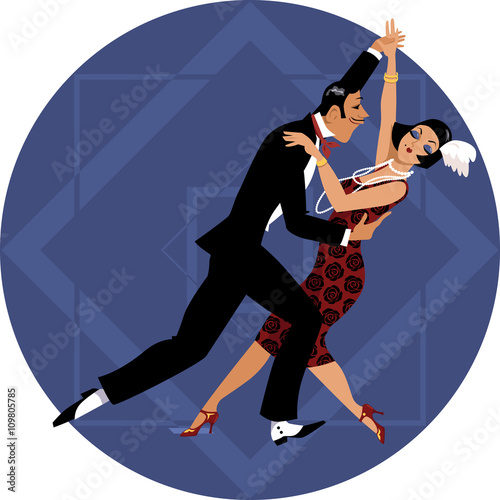 Couple dressed in 1920s fashion dancing on a geometric background, EPS 8 vector illustration, no transparencies
