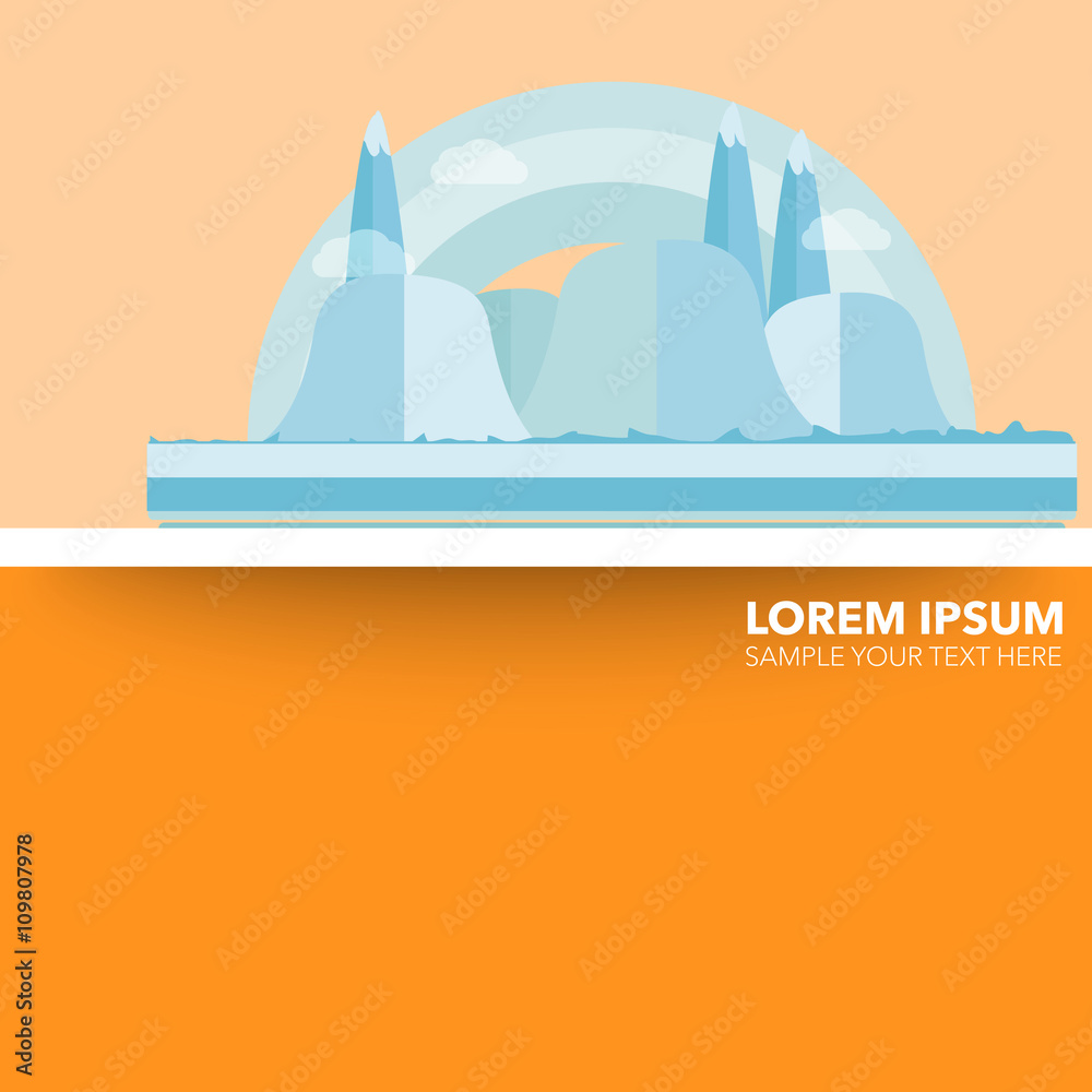 Naklejka premium Mountains, hills, clouds and rainbow flat design creative promot