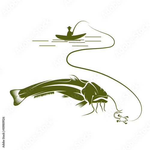 fisherman on boat and catfish vector design template