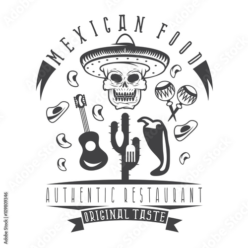 vector emblem of restaurant with skull in mexican sombrero