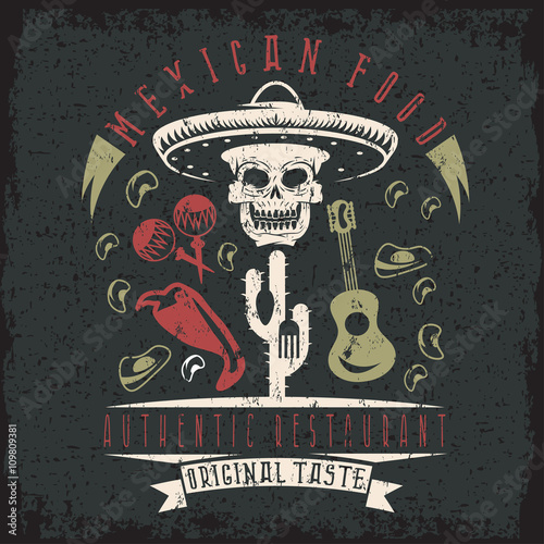 vector grunge emblem of restaurant with skull in mexican sombrer