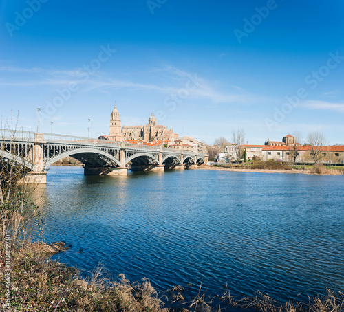 Salamanca with Tormes River and Cathedral. Castile and Leon, Spa