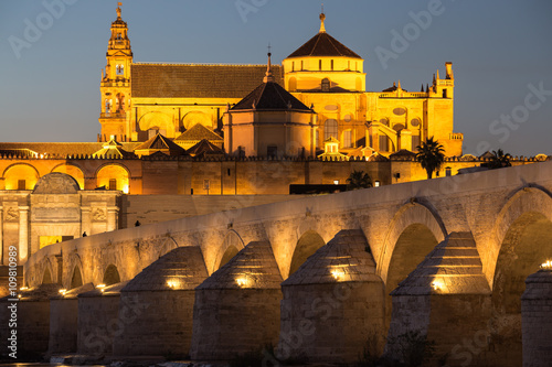 Obraz na płótnie Night view of Mezquita-Catedral and Puente Romano - Mosque-Cathe w salonie